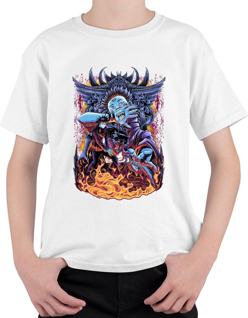 Dämonischer Wolf Anime Ästhetik Feuer Yokai Horror Grunge Uni Kinder T-Shirt, Weiß, 116