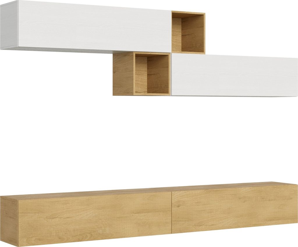 Wohnwand hängend, TV-Halterung, 4 Hängeschränke, weißes Holz A110