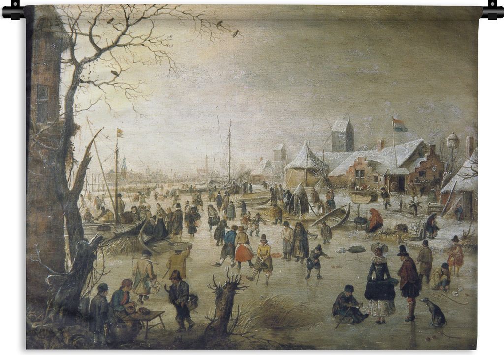 MuchoWow Wandteppich Wandbehang Winterlandschaft mit Schlittschuhläufern - Gemälde von Hendrick Avercamp 120x90 cm Tapisserie Dekoration Wandtu...