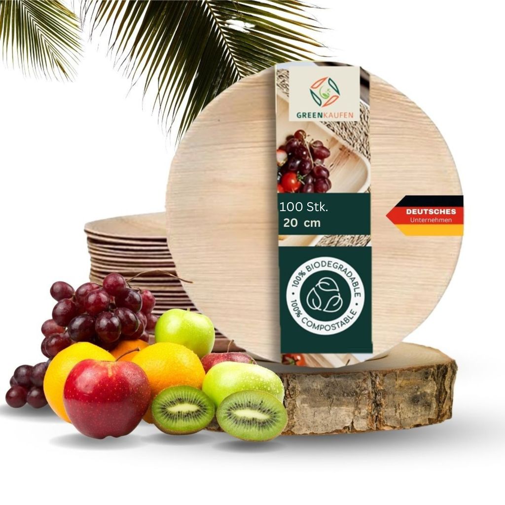 Greenkaufen Palmblatt Teller 20 cm rund (100 Stück) – Kompostierbares Premium Einweggeschirr | Umweltfreundlich | Alternative zu Pappteller