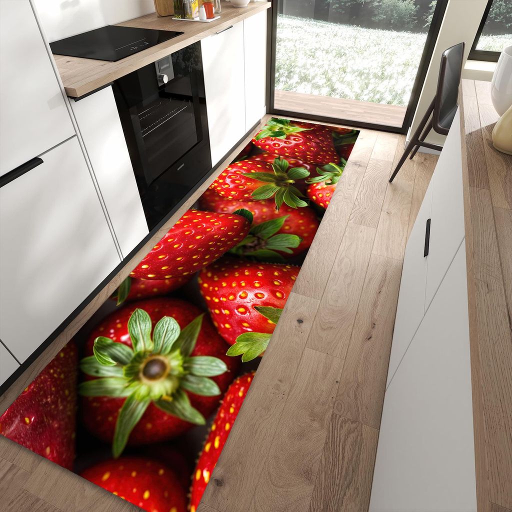 Küchenteppich 80x300cm rutschfest & abwischbar PVC Läufer - Frische Erdbeeren