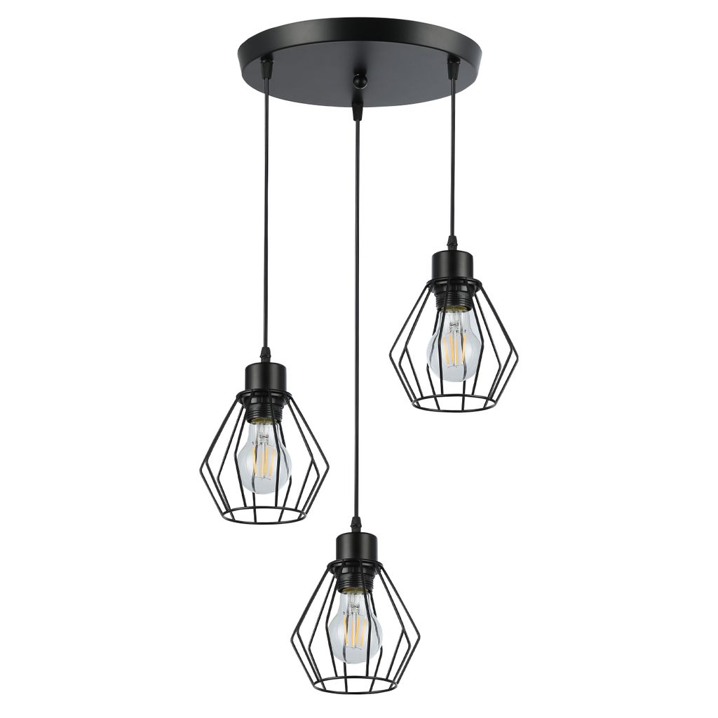 A black, three-light pendant lamp with a wire cage design.