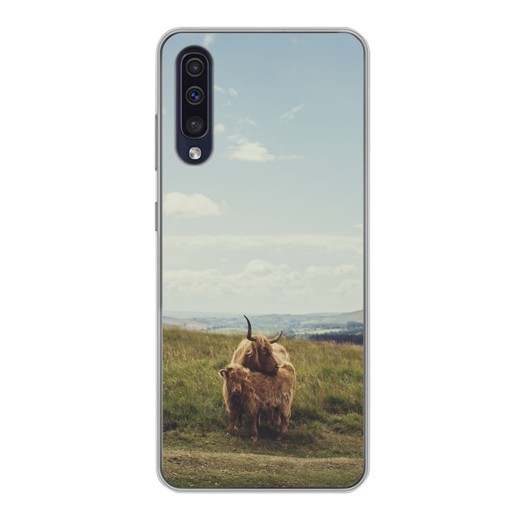 MuchoWow Handyhülle Schutzhülle Hülle für Samsung Galaxy A30s Schottische Highlander - Gras - Wolken - Tiere Silikon Softcase Handy Hülle - ...