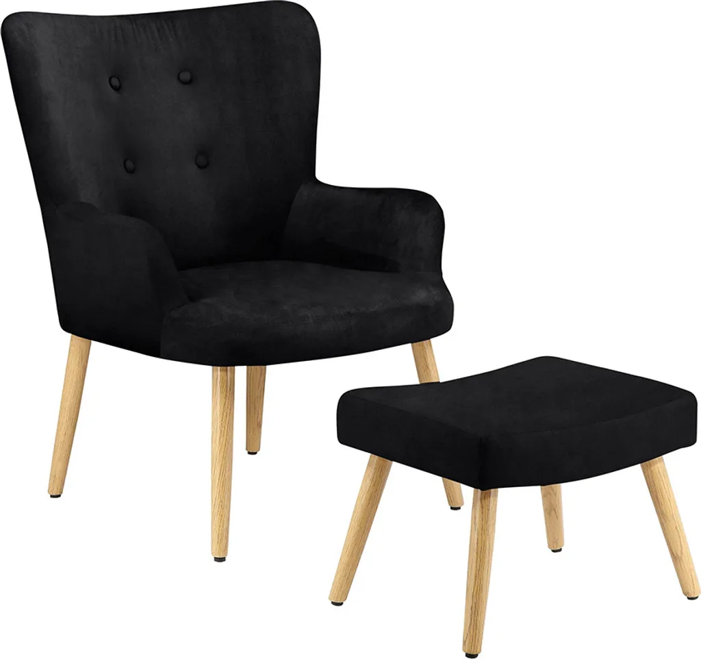 Fauteuil Lounging en Velours Noir et son Pouf Repose-pieds Confort