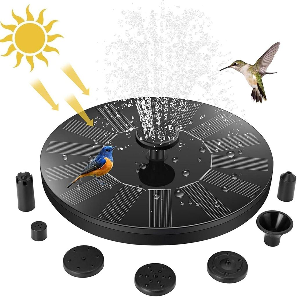 A solar-powered fountain with birds and sun illustration.