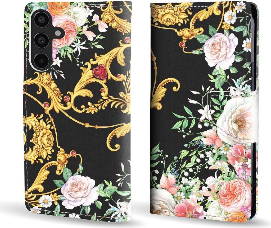 Handy Hülle für Samsung Galaxy A55 5G Klapphülle Bookcase Flip Cover Handy Tasche Etui Motiv: Rosen Ornamente Blumen