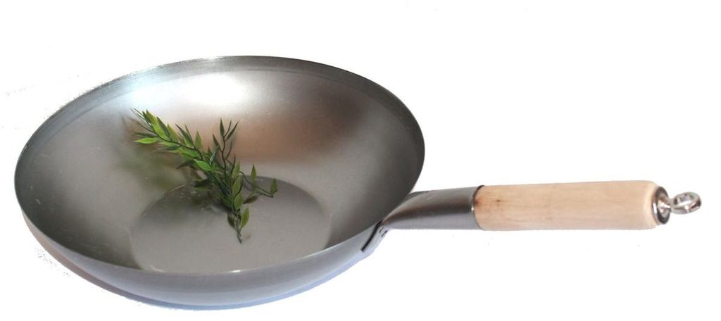 WOK PFANNE 35 cm flacher Boden zum Aufhängen mit Holzgriff Produktbild 