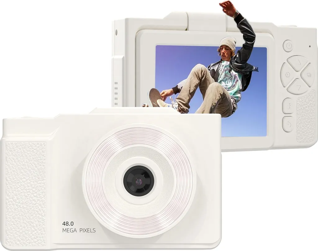 fotocamera digitale 1080P per bambini, video, 48 MP, 2,8 pollici, schermo rotante, autofocus, zoom 16x con luce di riempimento LED, adolescenti, studenti, amici, bianco