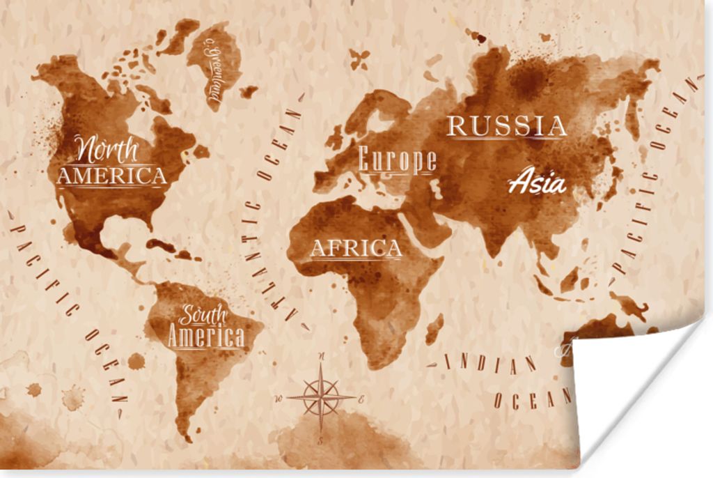 MuchoWow Poster Weltkarte - Farbe - Braun - Vintage 30x20 cm - Plakate - Print