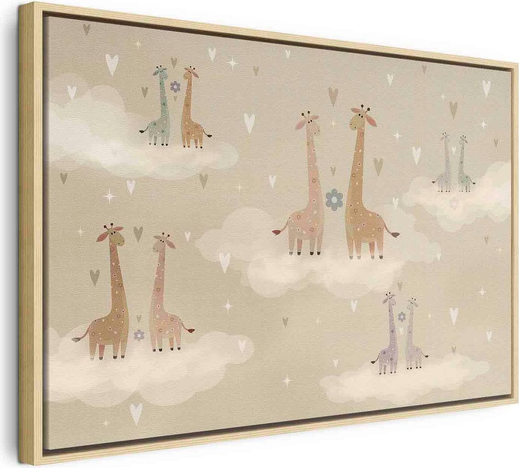 Italienischer Leinwand Leinwandbild - Love - Colorful Giraffes Floating on Clouds Among Hearts and Stars 60x40 cm Für Kinder e-A-10135-b-a