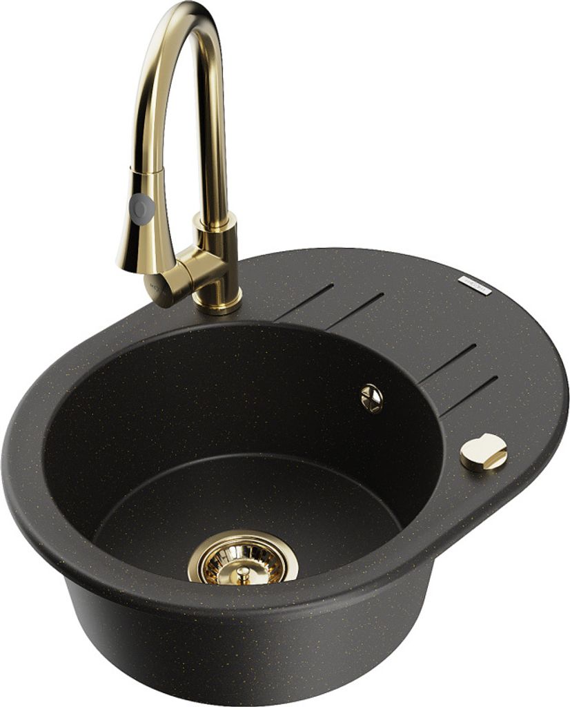 Mexen Kevin 1 Becken-Granitspüle mit Abtropffläche und Mischbatterie Elia, Schwarz/Gold metallisch - 6517-75-670101-50