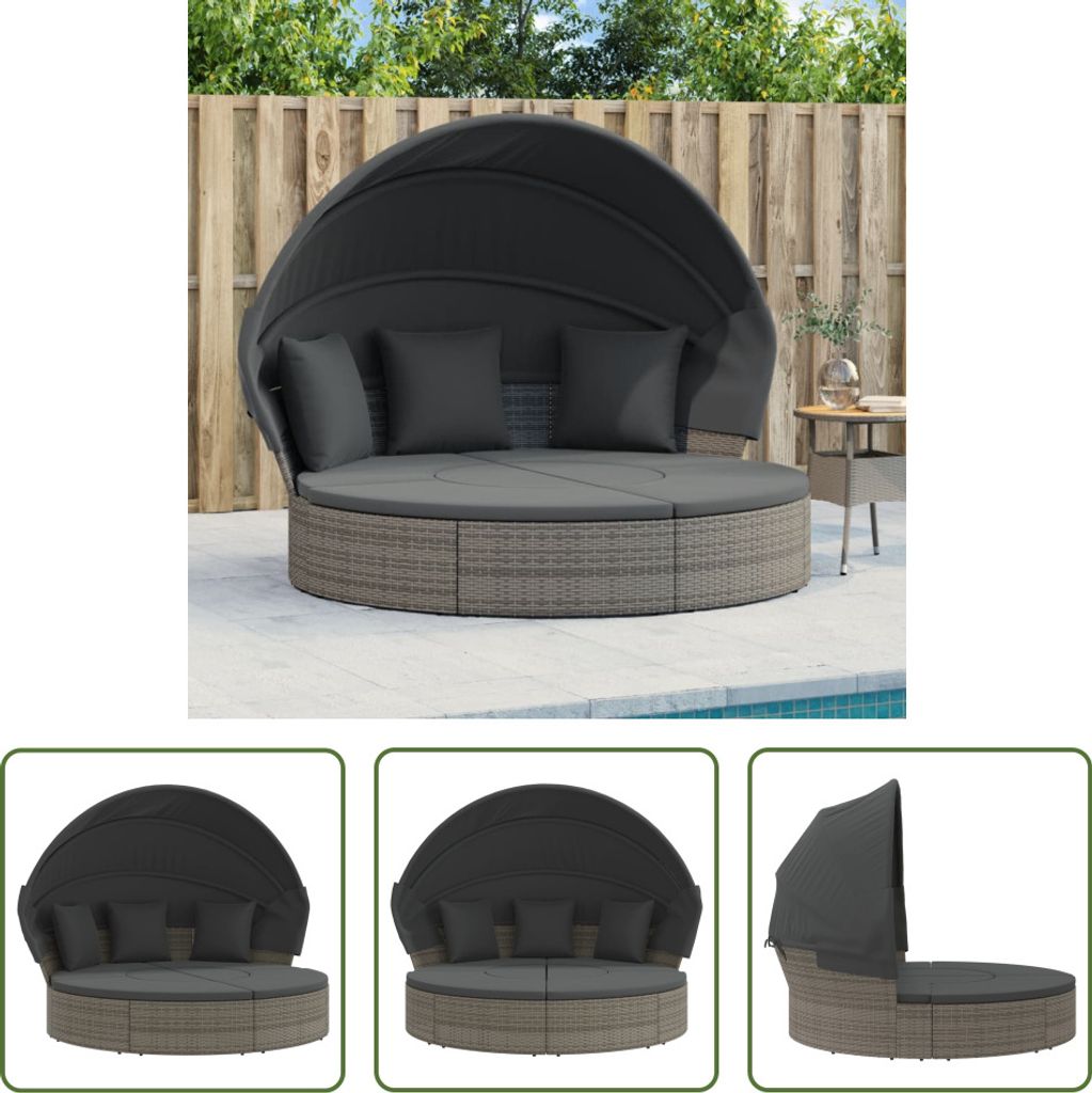 The Living Store Outdoor-Loungebett mit Dach und Kissen Grau Poly Rattan