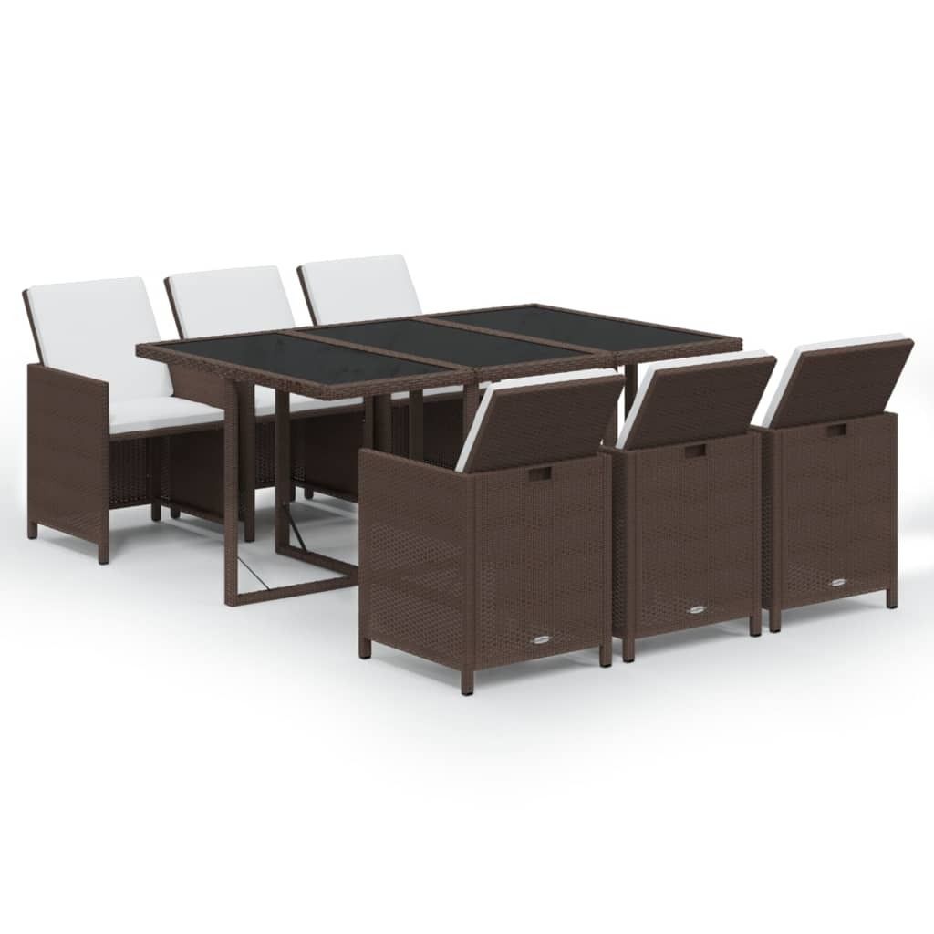 7-tlg. Garten-Essgruppe mit Kissen Poly Rattan Braun