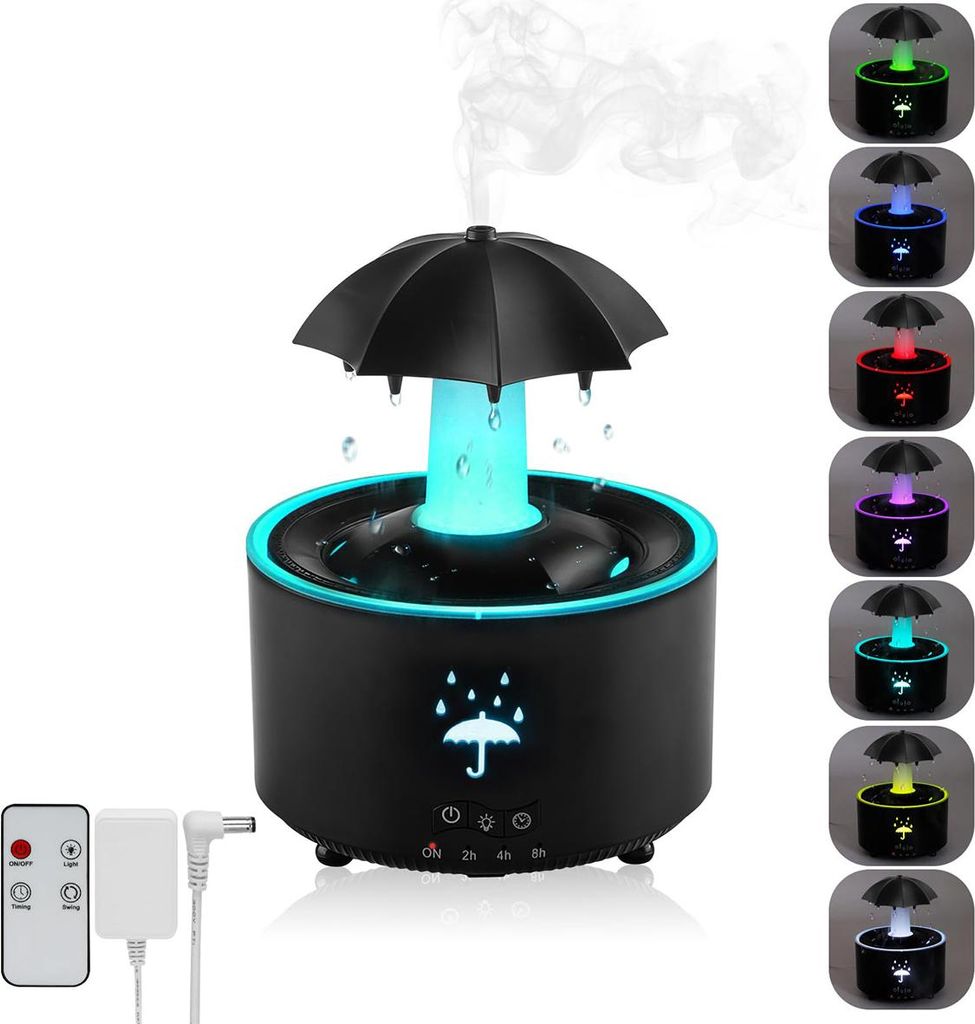Luftbefeuchter Rotierender Regenschirm Luftreiniger mit 7-Farben LED & Aromatherapie,300 ml,Fernbedienung,Luftbefeuchter,Raumbefeuchter,Schwarz