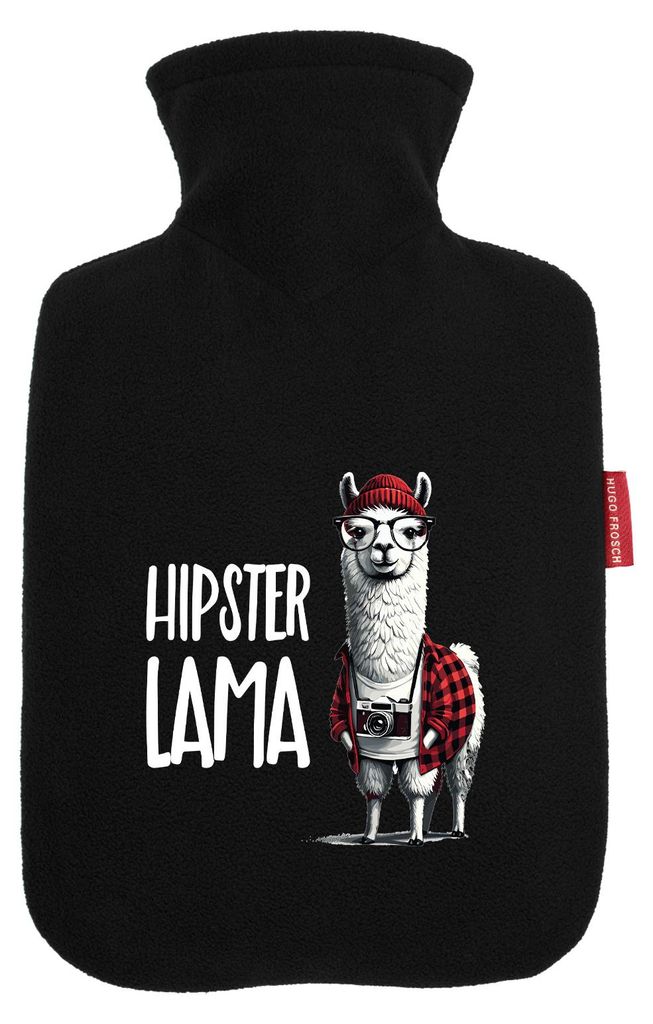 Huuraa Wärmflasche Hipser Lama Comic Meme 1,8 Liter Black Classic Veloursbezug Bettflasche Geschenkidee