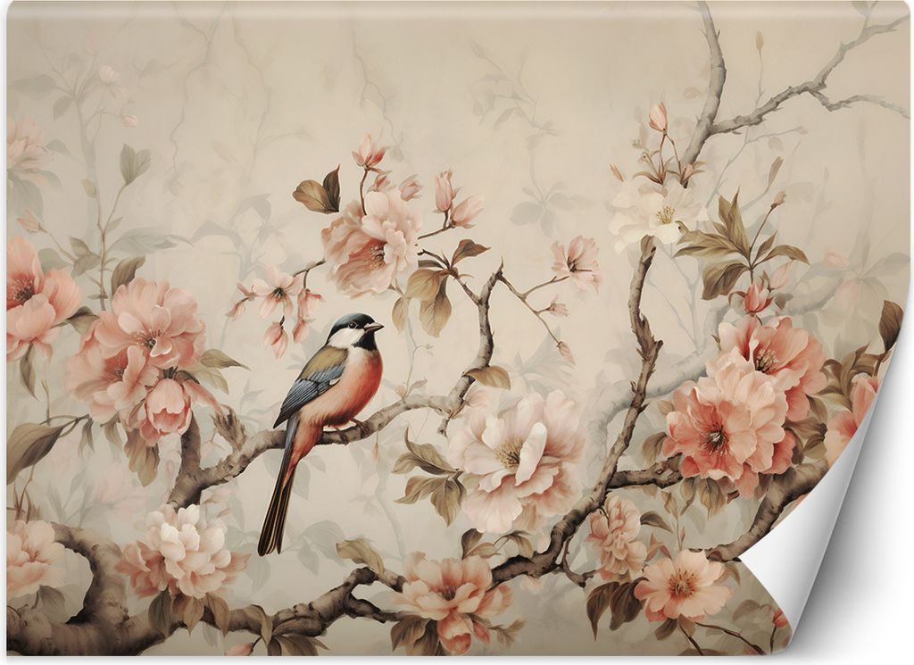Vlies fototapete Vogel und Vintage-Blumen 200x140 cm Feeby Beige inkl. Kleber einfache Montage