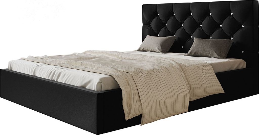 Polsterbett BOSTON SLIM mit Lattenrost aus Metall und Bettkasten, 180x200 cm, Doppelbett mit gepolstertem Kopfteil, Schwarz, Velourestoff