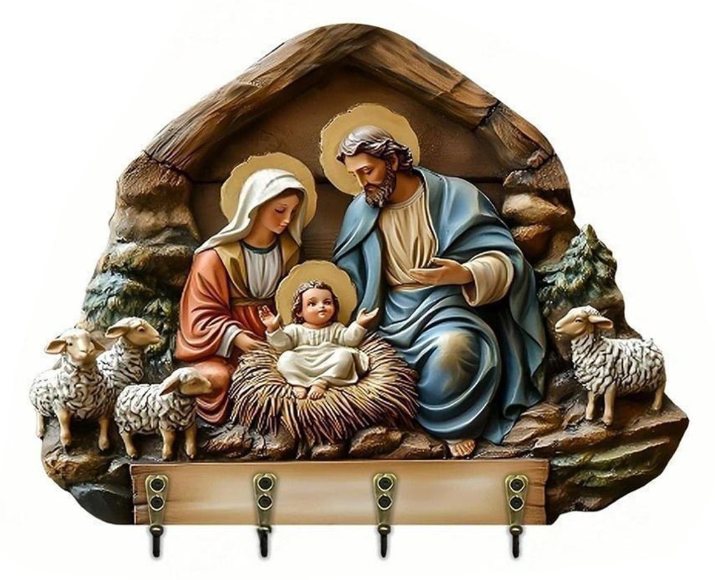 Christlicher Schlüsselhalter aus Holz, 2D-Motiv mit Jesus- und Kommunionsmotiv, Schlüsselanhänger mit 4 Haken, religiöser Wandschlüsselhalter ...