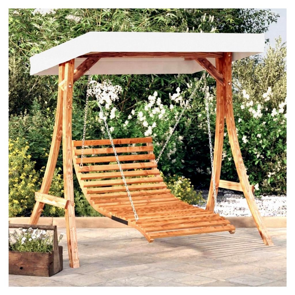 Schaukelbett mit Baldachin aus massivem Fichtenholz und Teakholz-Finish