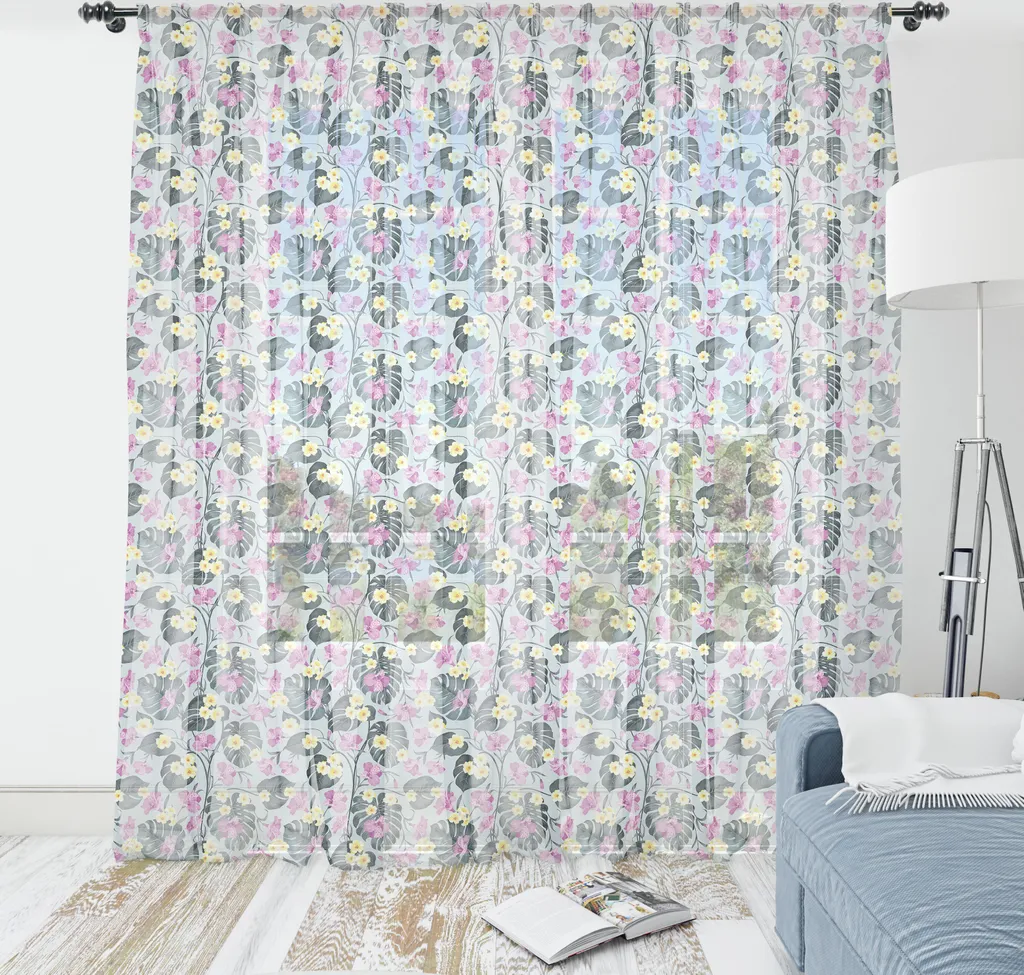 ABAKUHAUS Arazzo floreale, composizione di fiori tropicali e grandi foglie, tessuto da parete in raso setoso per soggiorno e camera da letto, 240 cm x 274 cm, grigio verde acqua fucsia chiaro