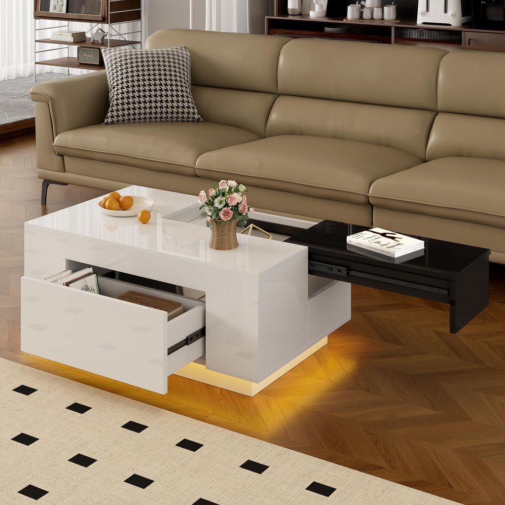 STILVORA ausziehbarer Couchtisch mit LED-Beleuchtung,Kaffeetisch mit Schublade&Stauraum,Beistelltisch mit Hochglanz,Schwarz+Weiß