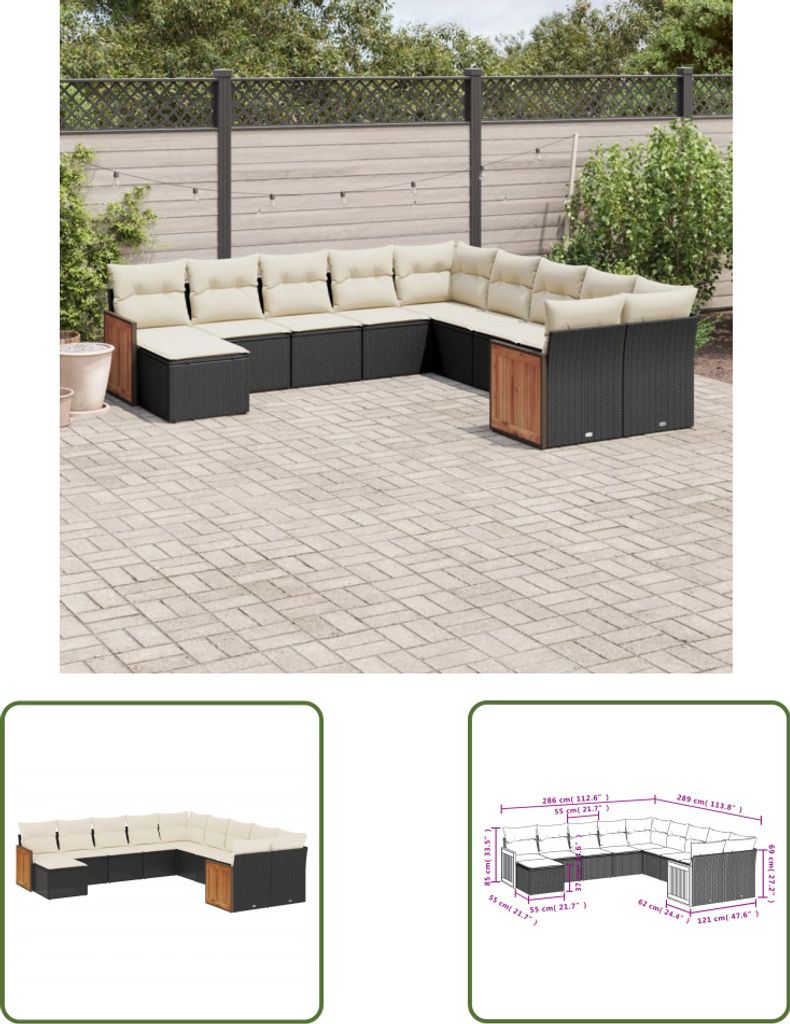 The Living Store 11-tlg. Garten-Sofagarnitur mit Kissen Schwarz Poly Rattan