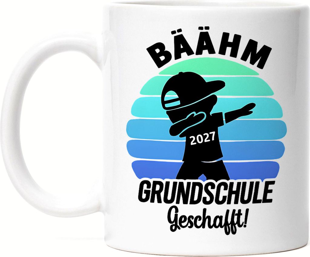 Bääähm Grundschule geschafft 2027 Tasse Weiß Dabbing Junge Lustige Schultasse Abschluss Geschenk Schüler Lehrer Retro Style