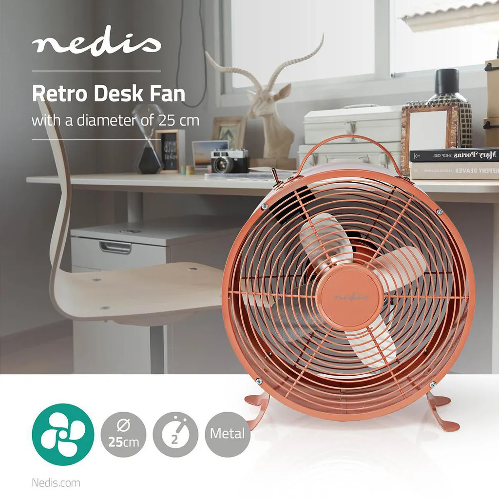 Ventilateur de Table pour Bureau Rose Retro 25cm Nedis 20W Design