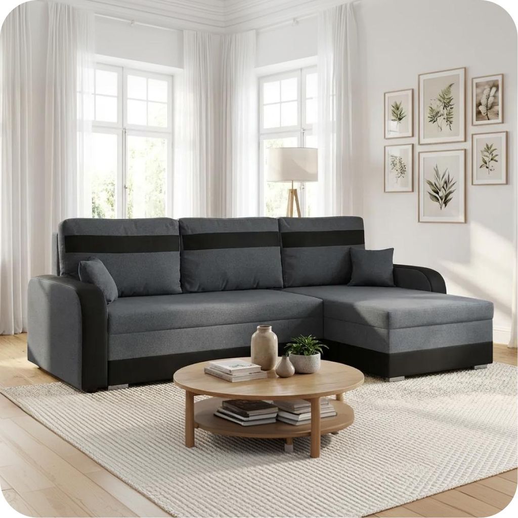 KomfortWelt24 Ecksofa mit Schlaffunktion und praktischem Produktbild 