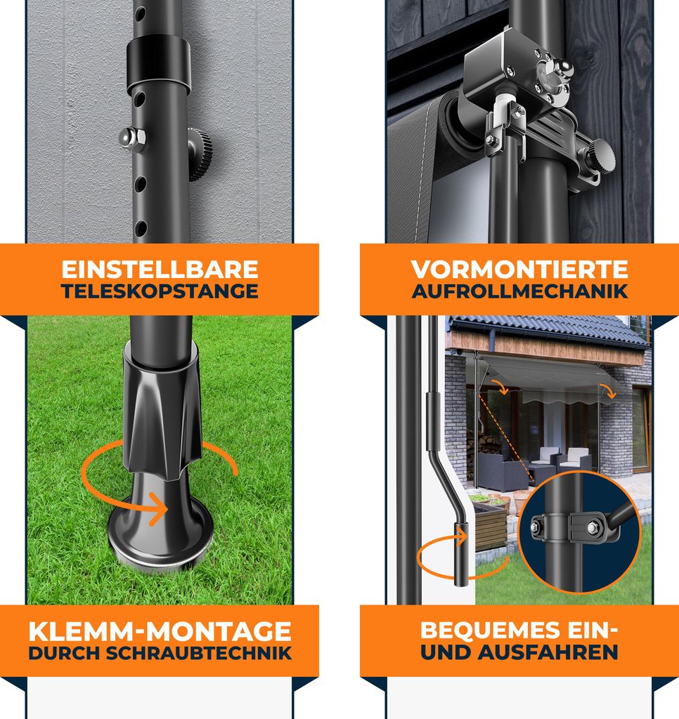 KESSER Klemmmarkise mit Handkurbel Balkon, Balkonmarkise ohne Bohren, UV-beständig höhenverstellbar wasserabweisend , Sonnenschutz, Terrassenü...
