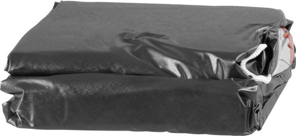 A folded black oval cover for a pool or similar item, shown on a white background.