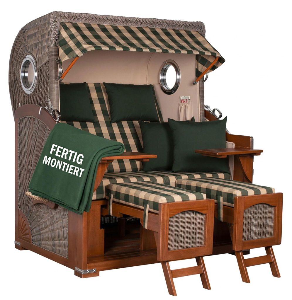 Strandkorb Düne Grande Mahagoni PE Grey 2,5 Sitzer Volllieger mit Bullaugen