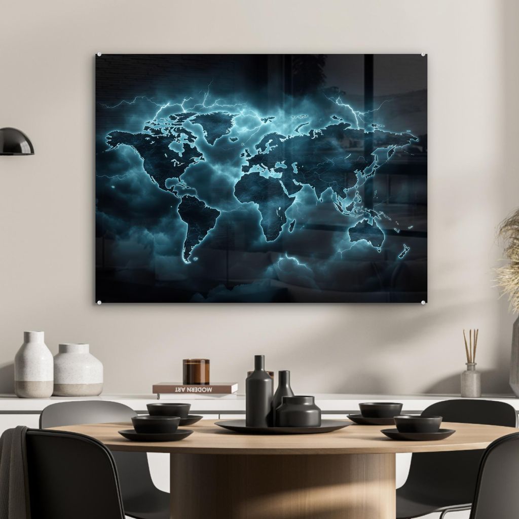MuchoWow Glasbilder - Bilder auf Wandbild - Foto auf Glas Weltkarte - Blitz - Blau 80x60 cm Wanddekoration aus Glas - Acrylglasbild - Acrylbilder -...