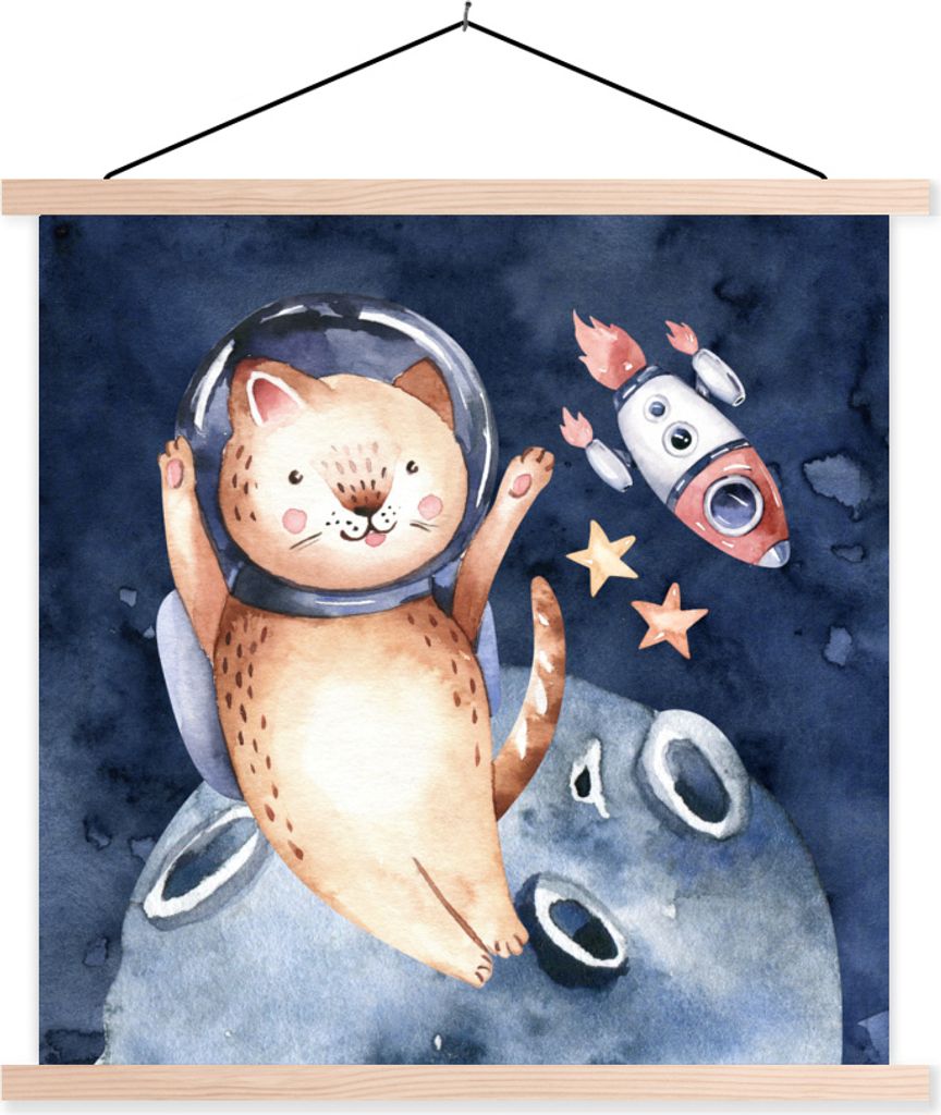 MuchoWow Textilposter Weltraum - Rakete - Katze - Kind - Jungen - Mädchen - Kinder 60x60 cm mit holzfarbenen Rahmen - Wanddekoration