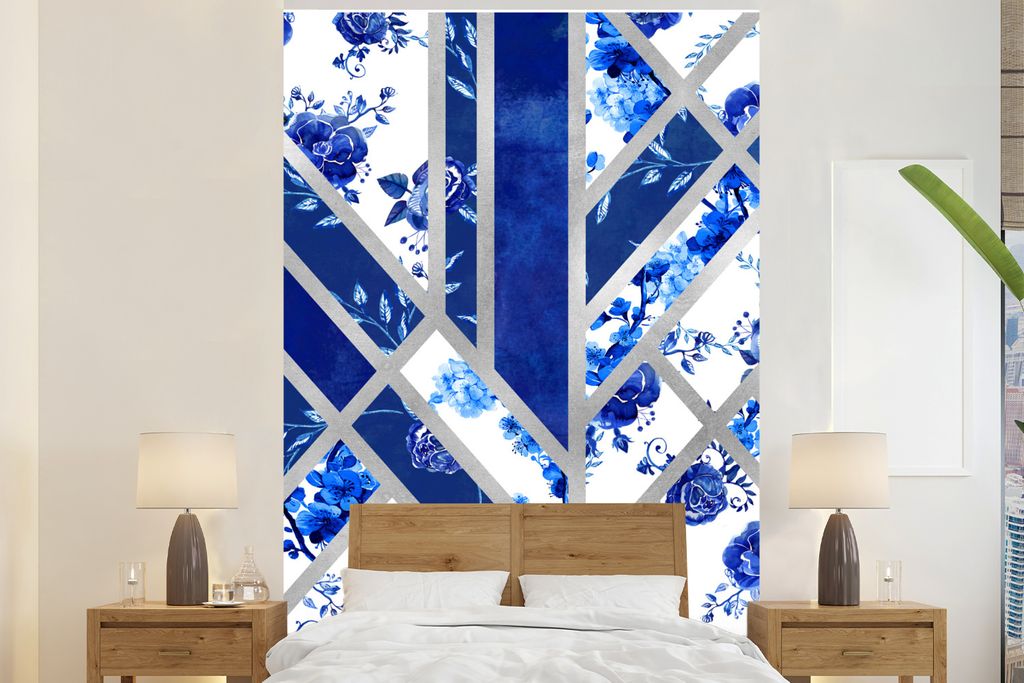 MuchoWow Fototapete für Wohnzimmer oder Schlafzimmer Wandtapete Vinyl Motivtapete Delfter Blau - Design - Luxus - 225x350 cm - Schlafzimmer tapete