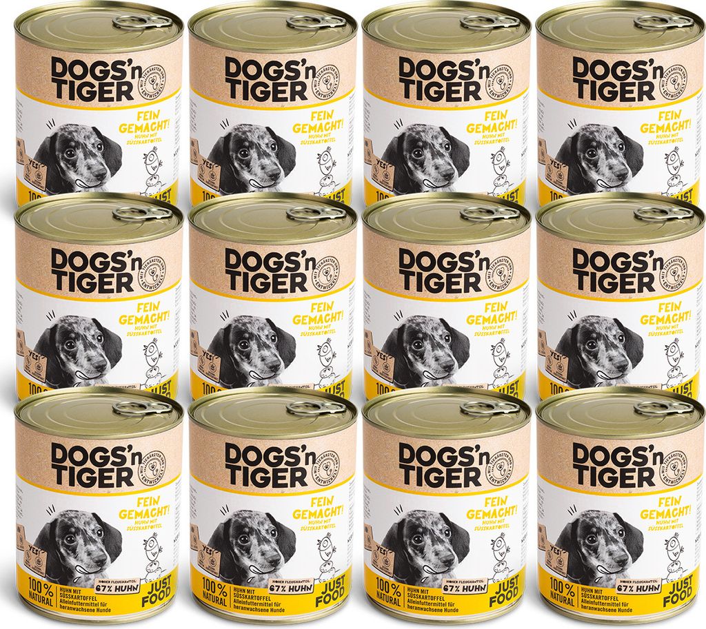 Dogs’n Tiger Junior, Welpen Premium Hundefutter, Nassfutter, Getreidefrei, Fein Gemacht, Huhn & Süßkartoffel 12x 800g