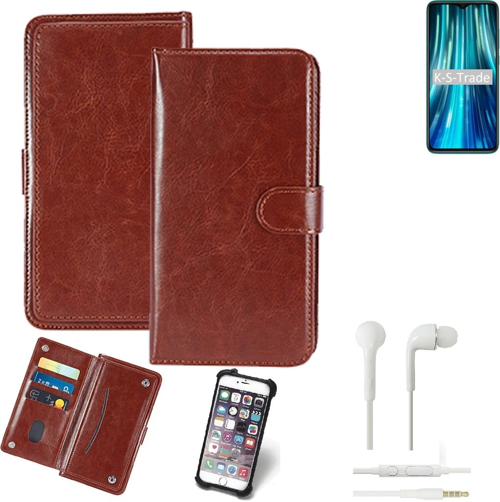 K-S-Trade 360° Hülle kompatibel mit Xiaomi Redmi Note 8 Pro inkl. Headphones braun Kunstleder Case BookCase WalletCase Kunstlederederhülle