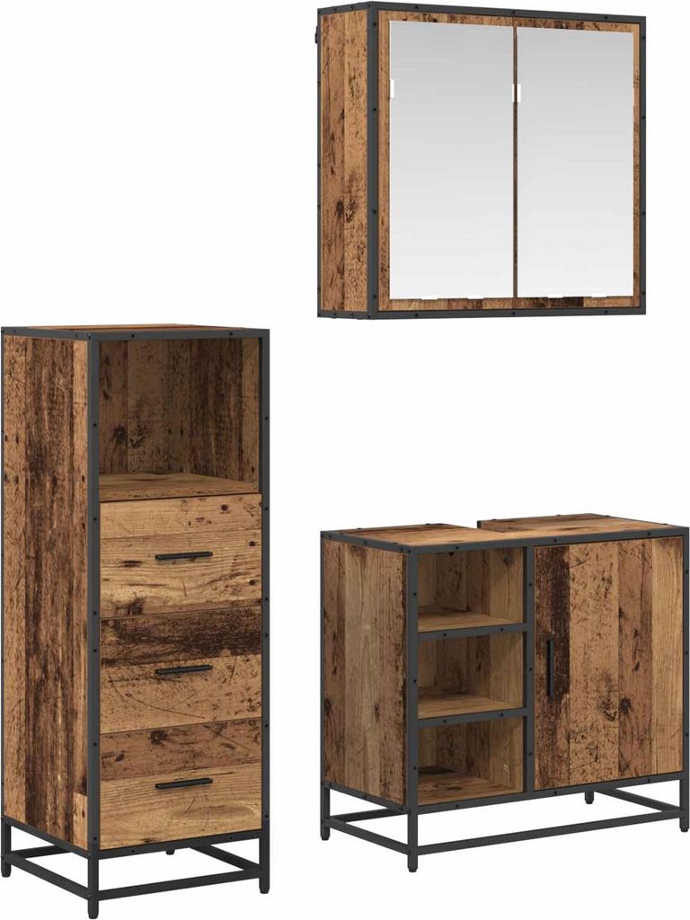 "Schlussverkauf" Badezimmer Sets mit Schubladen 3 Stück - Badmöbel/Badschrank/Badregal - Altholz Holzwerkstoff C13228