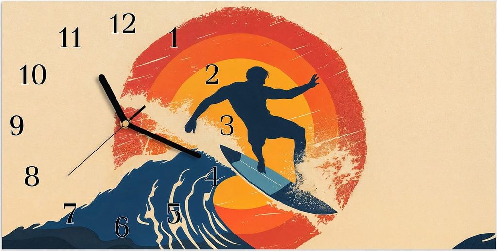 Wanduhr aus Glas mit Motiv Surferwelle- 60 x 30 cm - inkl. Aufhängesystem