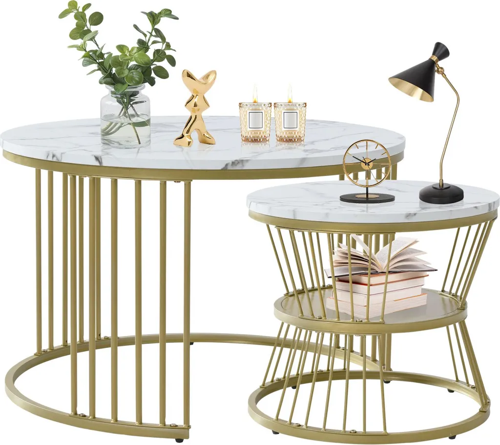 Table d'appoint ronde avec structure métal doré et plateau blanc pur - 10