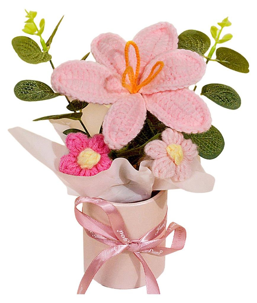 Handgehäkelter Blumenstrauß, handgefertigt, künstlich gestrickt, mit Sonnenblumen, Nelken, Tulpen und Pusteblumen – ein Geschenk für Mutter u...