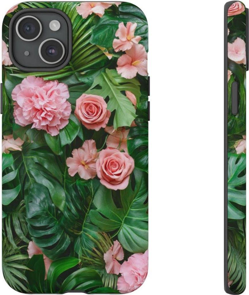Rosa Rosen und tropische Blätter – Hülle Kompatibel mit iPhone 15 Plus