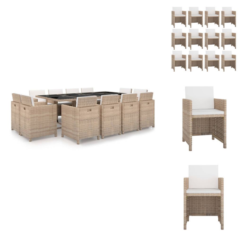 vidaXL 13-tlg. Garten-Essgruppe mit Auflagen Poly Rattan Beige - Gartenmöbel-Sets