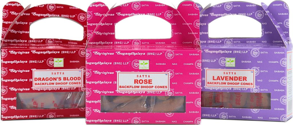 3er Set Rückfluss Räucherkegel für den Wasserfall Effekt, 24 handgerollte Kegel aus Indien für Entspannung und Meditation (Dragon's Blood + Ros...