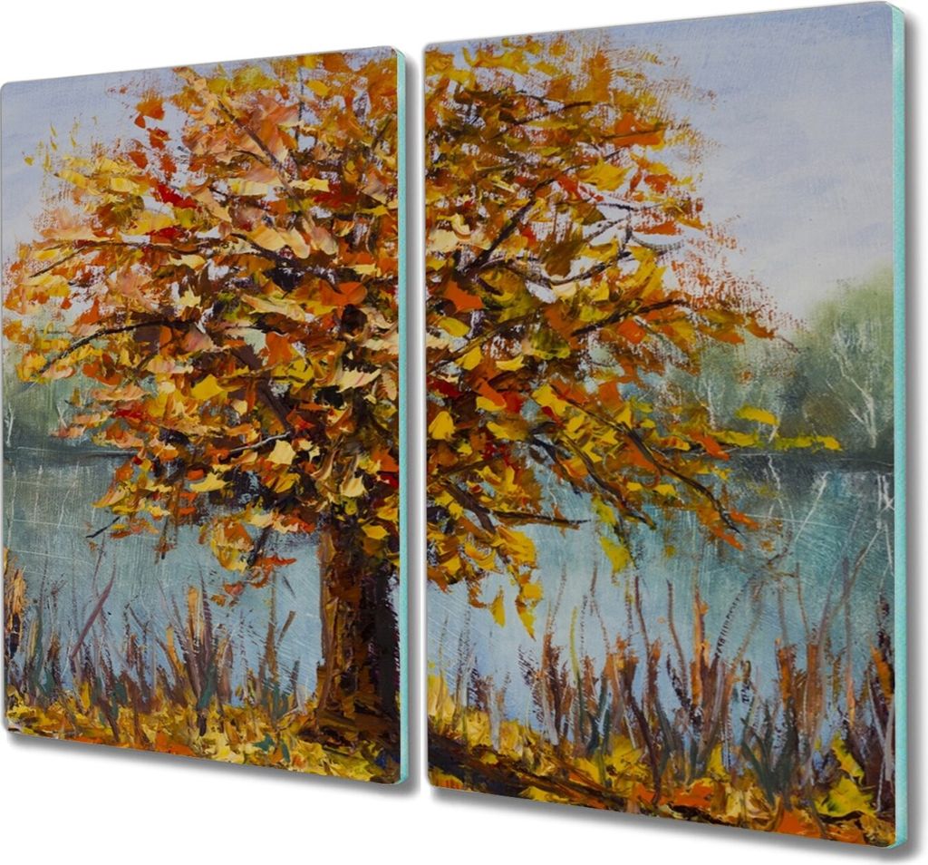 Coloray Herdabdeckplatte 2x30x52 cm Schneidebrett Kochplattenabdeckung Küchenbrett Hackbrett - See Baum Blätter im Herbst