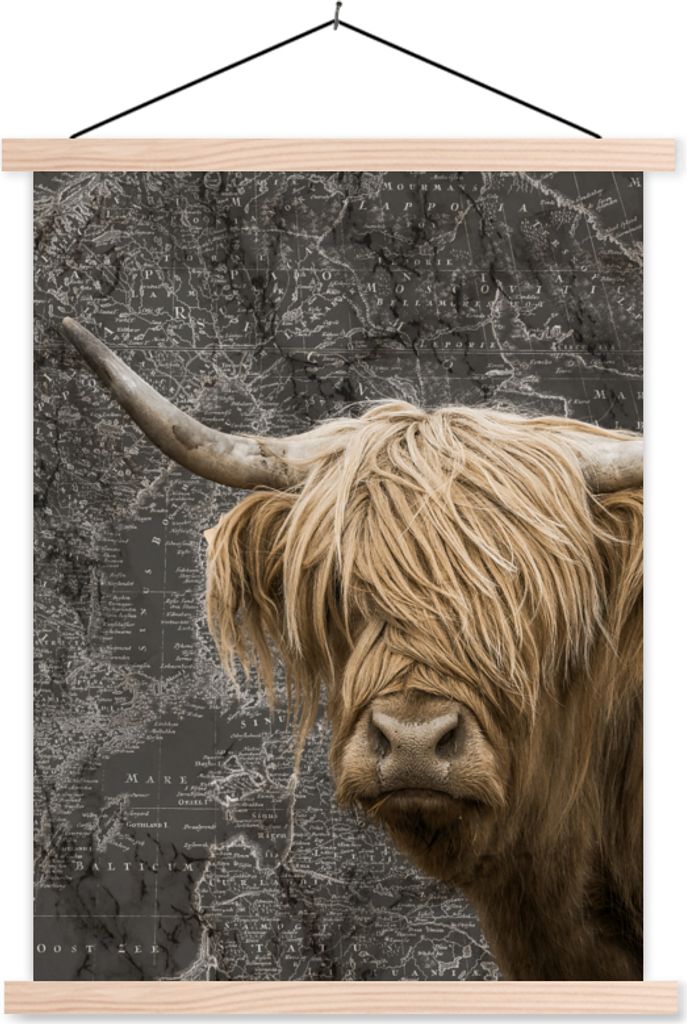 MuchoWow Textilposter Schottisches Hochlandrind - Weltkarte - Tiere 40x53 cm mit holzfarbenen Rahmen - Schlafzimmer