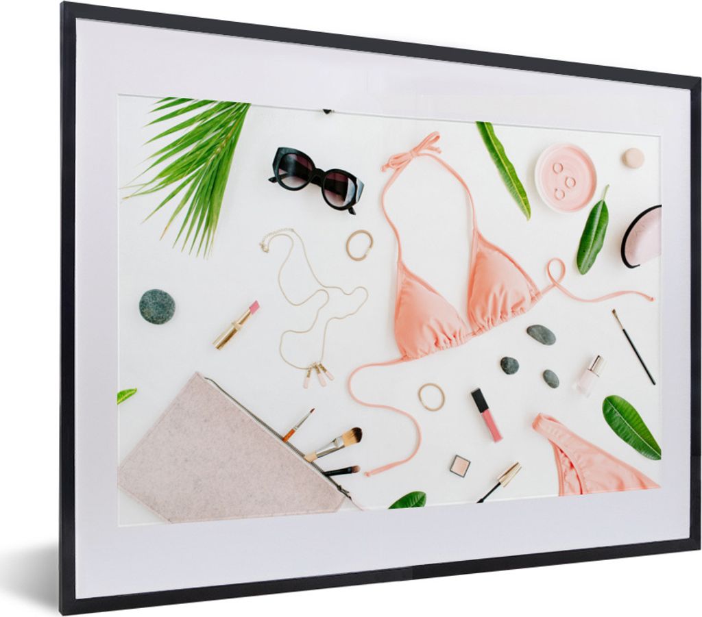 MuchoWow Gerahmtes Poster Bikini - Rosa - Halskette 40x30 cm - Poster mit Schwarzem Bilderrahmen Wandposter Rahmen Foto Bilder - Bilderrahmen - P...