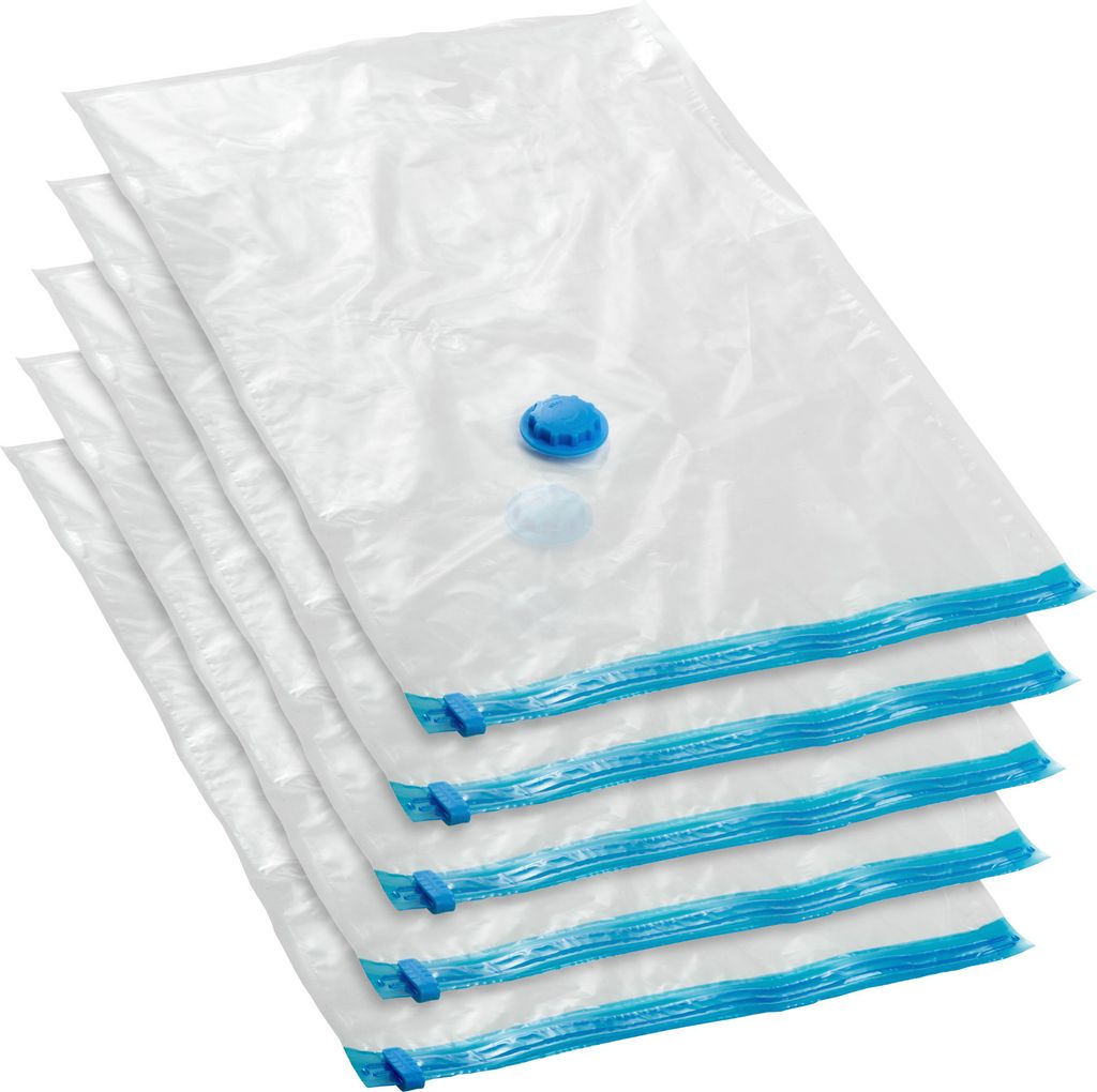A stack of five clear vacuum seal bags with blue valves and blue trim.