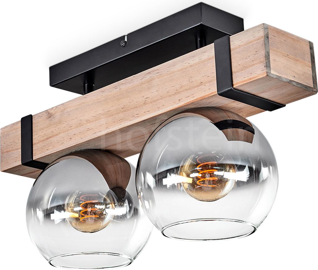 Bollengo Deckenlampe aus Metall/Holz /Glas in Schwarz/Natur/Chrom/Klar