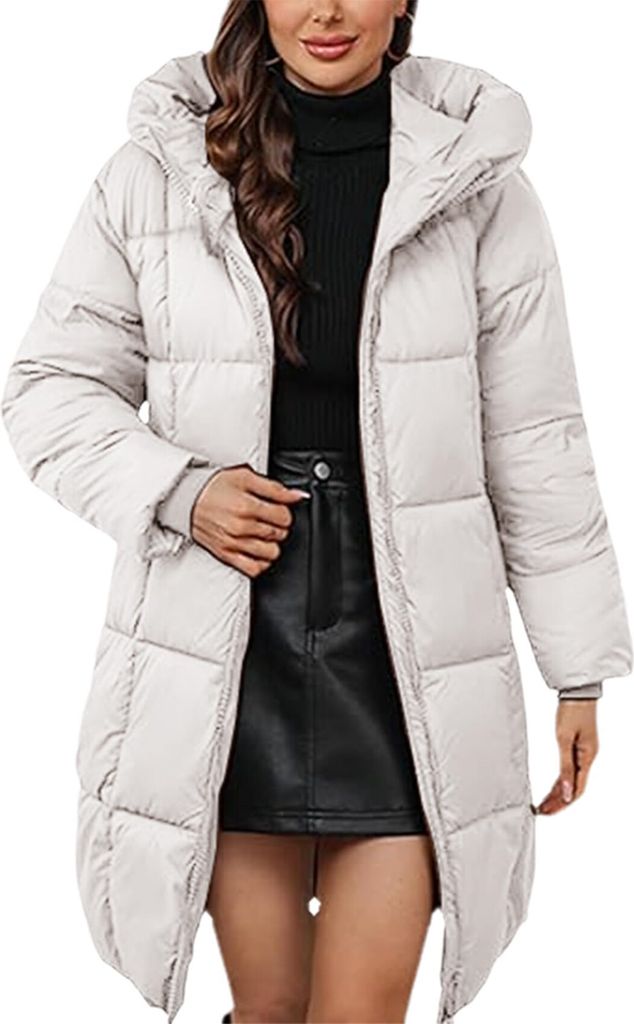 ASKSA Damen Wintermantel mit Kapuze Dick Warmer Steppmantel Lang Daunenjacke Outdoorjacke Winddicht Daunenmantel Steppjacke Outwear (Beige,M)